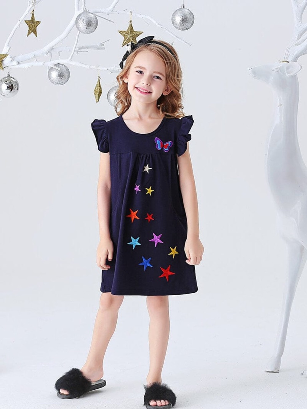 Girls 6/7 Navy Star & 3D Butterfly Dress with Ruffled Sleeves